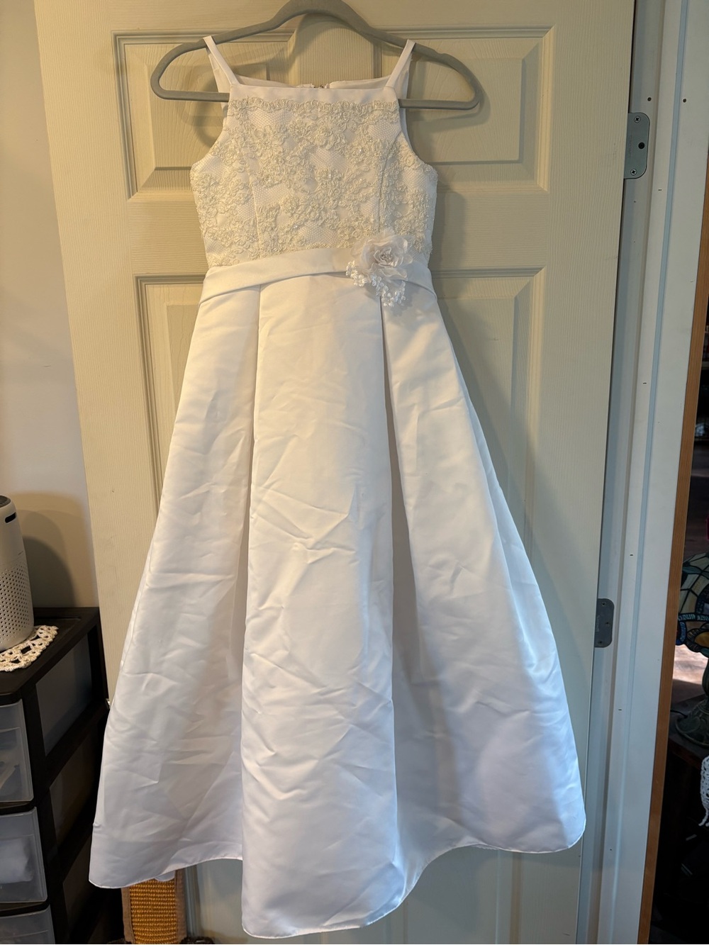 David's Bridal White Lace Bodice Satin Flower Girl Gown